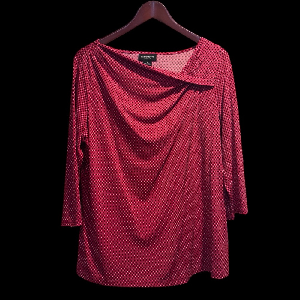 Red and black poka dotted top causal but could be dressed up with jewelry.